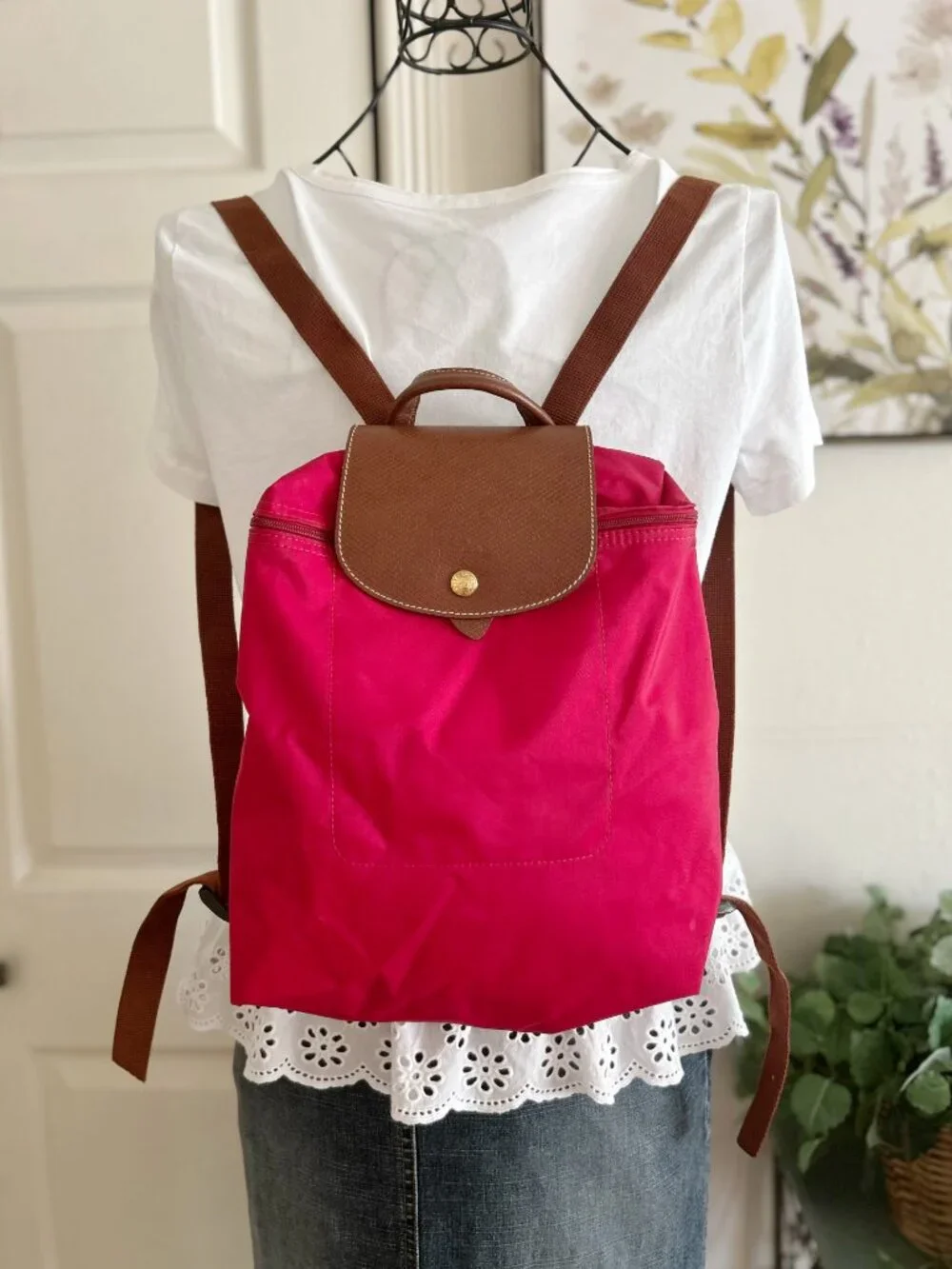 Longchamp Red Backpack with Brown Trim